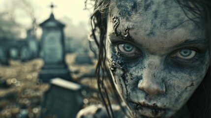 A close-up of a zombie girl's face with a cemetery in the background. She has blue eyes and her face is covered in dirt and blood. - obrazy, fototapety, plakaty