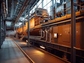 Take a photo of a large biomass boiler system in operation, showcasing the complexity of the machinery and the clean energy production process - obrazy, fototapety, plakaty