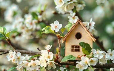 Tiny house model among spring blossoms
