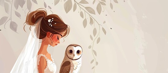 A bride holding a fawncolored dog breed stands next to an owl. The carnivores sharp jaw contrasts with the dogs gentle snout. A unique mix of art and working animals in one picture - obrazy, fototapety, plakaty