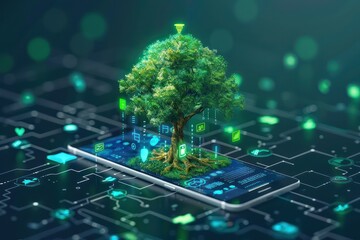 A visual metaphor of a smartphone as a digital seed growing into a technology tree with branches representing apps, business tools, and connections, in isometric style - obrazy, fototapety, plakaty