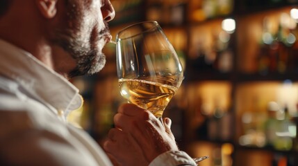 Caucasian man holding and smelling a glass of white wine at the bar - obrazy, fototapety, plakaty