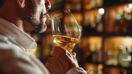 Fotobehang Caucasian man holding and smelling a glass of white wine at the bar © ANIS
