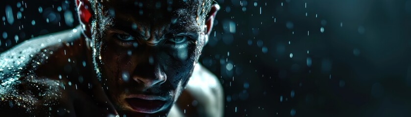 Capture a boxer in the corner of the ring, face illuminated by the spotlight, showing visible exhaustion and determination between rounds