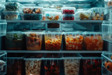 Storing food in the refrigerator. Vegetables and ready-made food in containers. Refrigerator shelves.