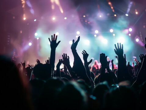 silhouettes of concert crowd in front of bright stage lights.
