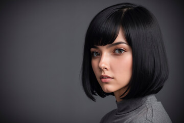 Portrait of a young beautiful black-haired girl with a bob haircut

