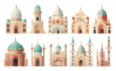 Banner vintage mosque for Ramadan wishing. Arabic shining lamps. Outline golden decor in Eastern style. Islamic background.Ramadan Kareem greeting card, advertising, discount, poster.