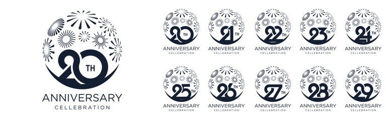 set of 20 to 29th anniversary logotype design, with black color fireworks for celebration event, wedding, and birthday, vector illustration