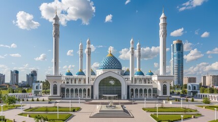 Fototapeta na wymiar Central mosque of Astana city with four minarets, cathedral mosque.