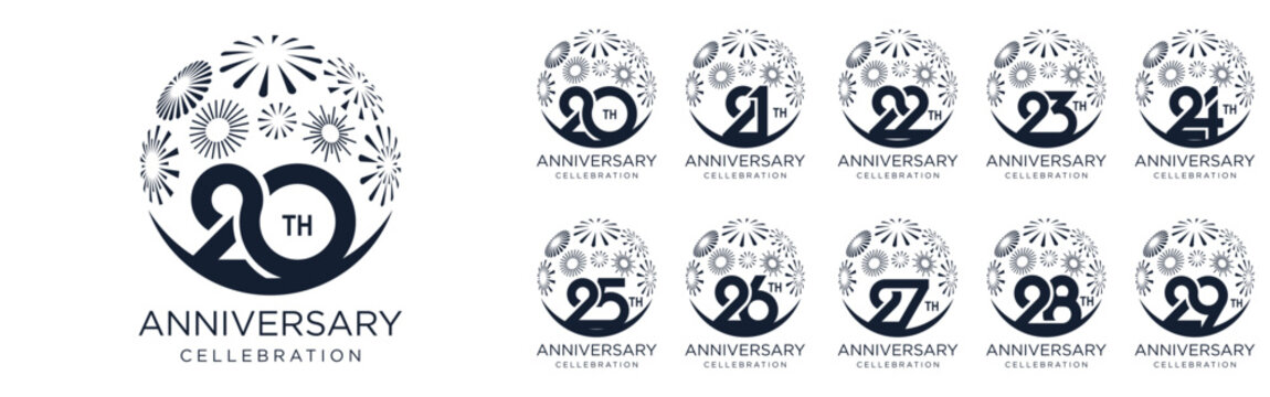 set of 20 to 29th anniversary logotype design, with black color fireworks for celebration event, wedding, and birthday, vector illustration