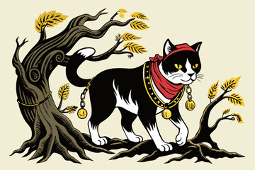 A black and white cat walking  around a tree, a woodcut, inspired by Charles Ginner, sōsaku hanga, golden chains, detail, wearing a bandana and chain, brom gerald