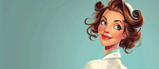 A cartoon illustration of a happy nurse in curlers, smiling and holding a glass of water. This fictional animated character brings joy and fun in the world of art and animation