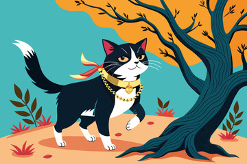 A black and white cat walking  around a tree, a woodcut, inspired by Charles Ginner, sōsaku hanga, golden chains, detail, wearing a bandana and chain, brom gerald
