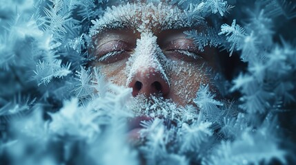 A portrait of a frozen dead man, ice clinging to his still form, a haunting image of life extinguished by the unforgiving cold, frozen in eternal sleep 