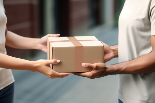 Hands giving gift box parcel over background. Give the present with both hands.
