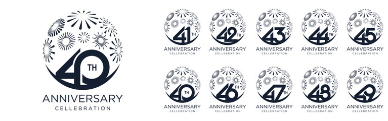 set of 40 to 49th anniversary logotype design, with black color fireworks for celebration event, wedding, and birthday, vector illustration