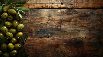 Olive fruit laying on wooden table background - obrazy, fototapety, plakaty