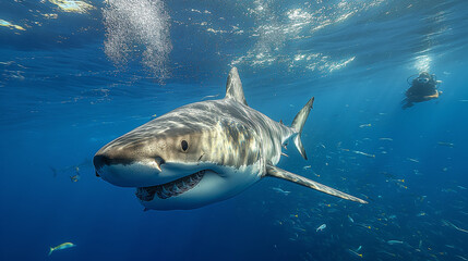 Fototapeta premium Daring Encounter: A brave scuba diver glides effortlessly through the crystal-clear waters, coming face to face with a majestic shark. With a mixture of awe and respect, the diver