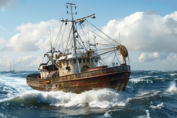 Giant trawler sailing in the ocean