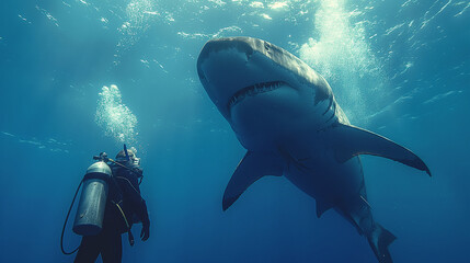 Fototapeta premium Fearless Exploration: With nerves of steel, a scuba diver ventures into the domain of a formidable shark, embracing the thrill of encountering one of nature's most enigmatic creatu