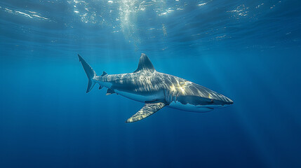 Naklejka premium Oceanic Encounter: With a sense of awe and wonder, a scuba diver marvels at the sight of a majestic shark gliding gracefully through the azure waters. In this fleeting moment of sh