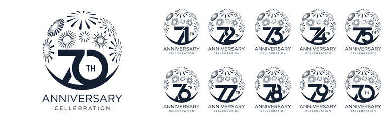 set of 70 to 79th anniversary logotype design, with black color fireworks for celebration event, wedding, and birthday, vector illustration