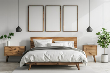 Modern Bedroom Interior with Blank Frames. Contemporary bedroom with white bedding and empty picture frames on a wall, perfect for interior design themes.