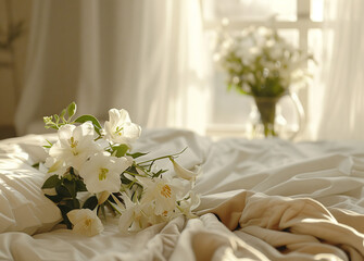 Morning Light on Bed with White Lilies. Sunlit bedroom scene with fresh white lilies on rumpled bed linens