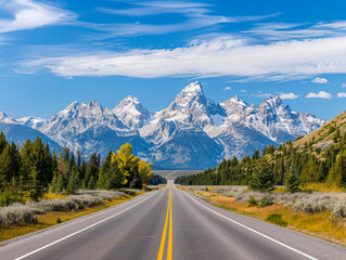 USA, Wyoming, Grand Teton National Park, Teton Range, Cathedral Group, Teewinot Mountain, Grand Teton and Mount Owen with road