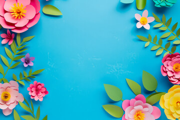 top view of bright colorful paper cut flowers with green leaves on blue background.