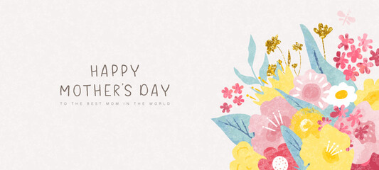 Happy Mother's Day,to the best mom in the world. Beautiful floral banner with hand drawn flowers and modern grainy texture. Poster, invitation, postcard. Vector illustration
