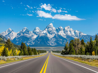 Naklejka premium USA, Wyoming, Grand Teton National Park, Teton Range, Cathedral Group, Teewinot Mountain, Grand Teton and Mount Owen with road