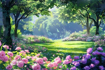 Obraz premium A sparkling flower garden with rays of light emanating from it surrounding green trees