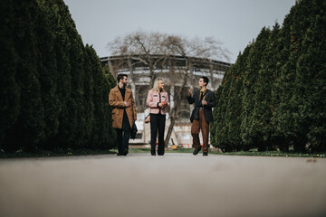Group of three businesspeople walking and discussing work in a park, embodying teamwork and collaboration.