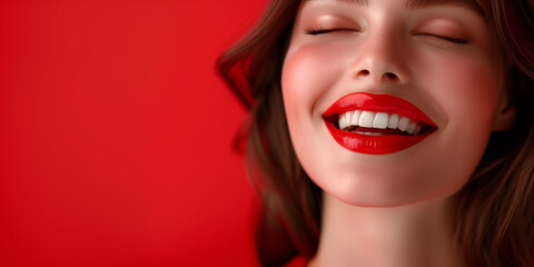 Smiling cute girl with beautiful teeth. concept poster background. Snow-white smile, healthy, straight, white teeth. Horizontal banner. Bitmap raster photo style digital illustrastion. AI artwork.