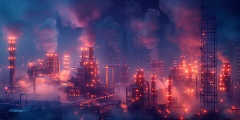 Night factory concept poster background. Night plant with pipes and towers with lights. Oil refineries and the petroleum industry. Heavy industry. Raster digital illustration photo style. AI artwork. - obrazy, fototapety, plakaty