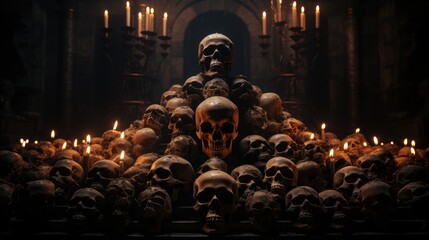 A large pile of skulls sits in front of a pyramid of skulls. The skulls are stacked on top of one another and are surrounded by candles. The scene is set in a dark, candlelit room.
