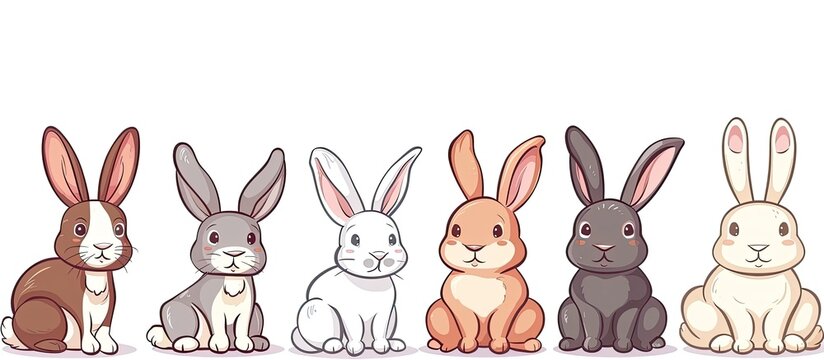 A line of colorful rabbits, a type of mammal, with long ears and white fur, are photographed sitting together on a white background