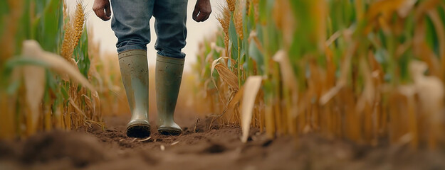 A person in boots stands among wheat crops in harvest time. Rubber footwear of farmer, black soil amidst the golden sheaves under an overcast sky. Panorama with copy space. - obrazy, fototapety, plakaty