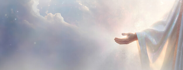 Ethereal figure Jesus Christ extends his hand to all those in need. Divine presence, the scene radiates peacefulness and hope. Panorama with copy space.