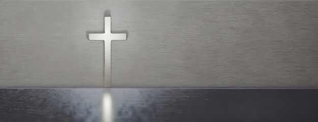 Religious cross on a textured surface. Symbolic of faith and resurrection of Jesus Christ after crucifixion on Calvary. Religion background. Panorama with copy space.