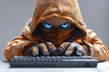 A 3D animated cartoon render of a computer hacker in a hoodie typing on a keyboard. - obrazy, fototapety, plakaty