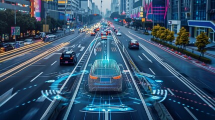 Autonomous Vehicle Navigating Busy City Street at Dusk