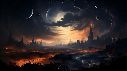 Fantasy landscape with full moon and mountains. 3D illustration.