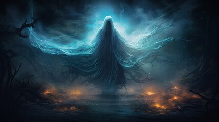 A ethereal being with long flowing hair stands in a dark forest, surrounded by blue and orange glowing flames. - obrazy, fototapety, plakaty