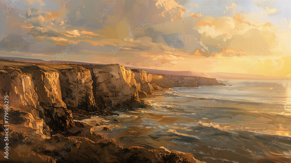 Wall mural cliffside ocean view at dusk digital oil painting with warm light