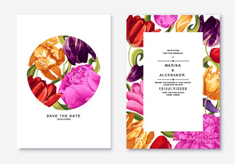 Spring realistic floral design with tulips and peonies. Vector summer and spring plants banner illustration. Modern floral wedding invitations, trendy round and rectangular botanical frames