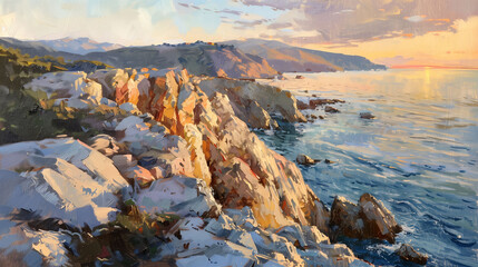 Serene Sunset at Rocky Beach Digital Oil Painting with Golden Hour Light