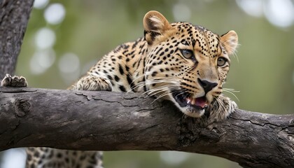 A Leopard With Its Tongue Curling Around A Branch